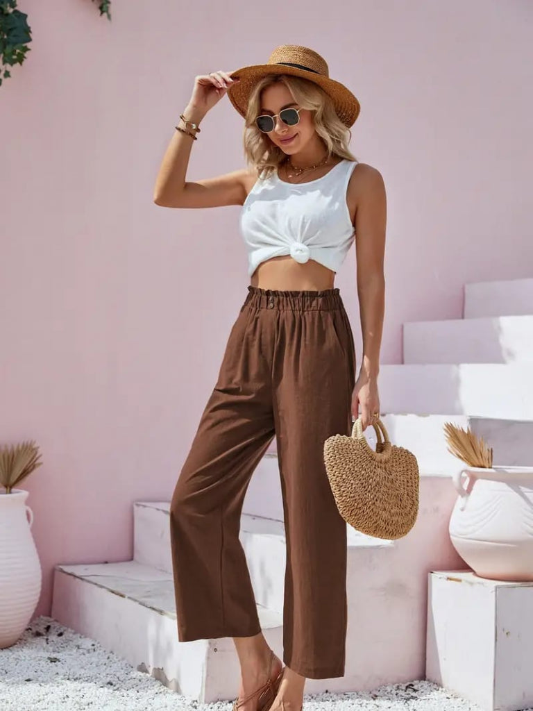 Women's Drawstring Waist Button Detail Short Wide Leg Linen Trousers