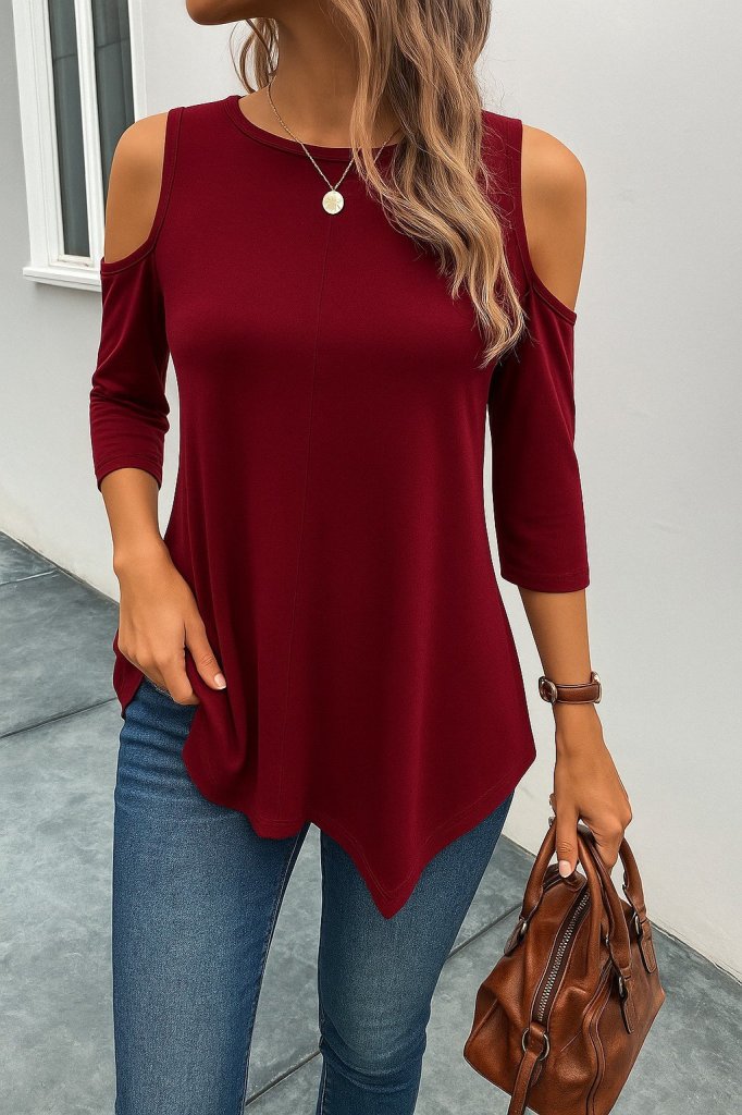Women's Off-the-Shoulder Round Neck Asymmetric Cut Detail Viscose Blouse