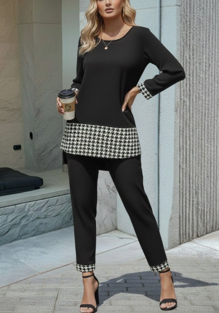Women's Long Sleeve Crew Neck Houndstooth Viscose Two-Thread Blouse and Pants Set