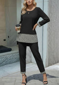Women's Long Sleeve Crew Neck Houndstooth Viscose Two-Thread Blouse and Pants Set