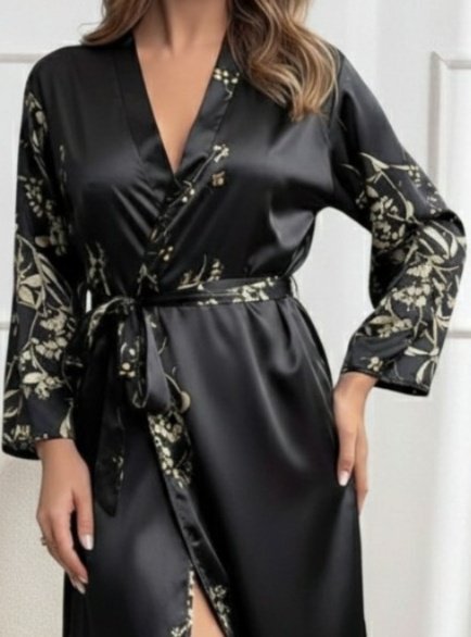 Women's Long Sleeve V-Neck Floral Print Belted Midi Satin Nightgown