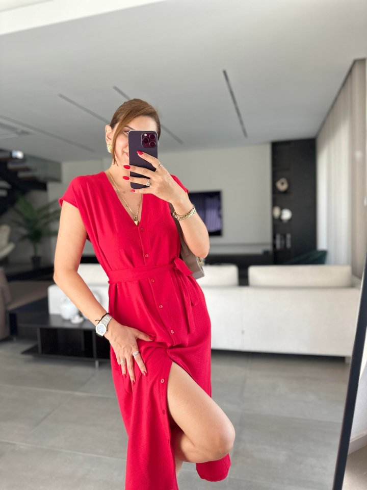 Women's V-Neck Button Detail Dress with Belt