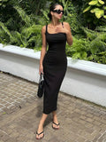 Women's Strappy Round Neck Slit Midi Ribbed Dress