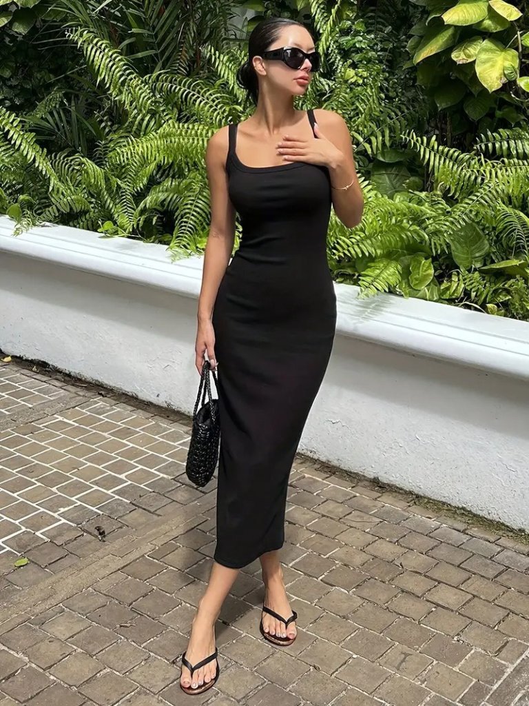 Women's Strappy Round Neck Slit Midi Ribbed Dress