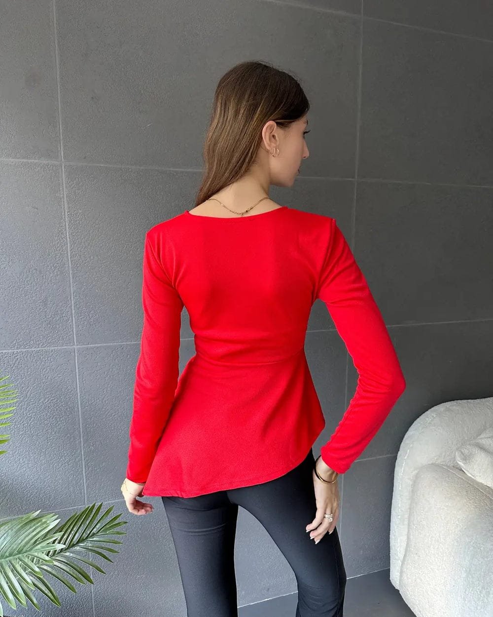 Women's Wrap Neck Belt Detail Asymmetrical Hem Blouse