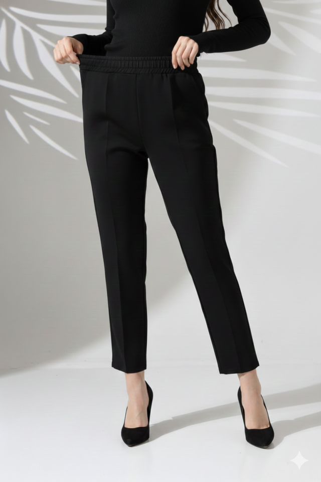 Women's Long Sleeve Scuba Fabric Pocket Detail Elastic Waist Non-Iron Trousers