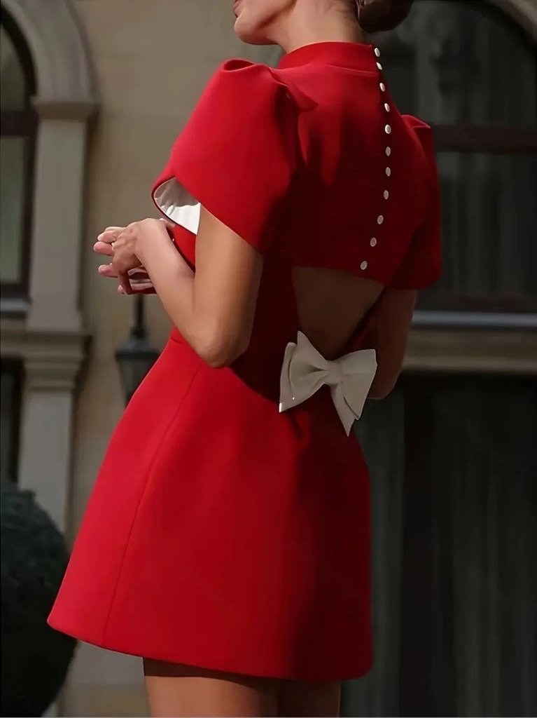 Women's Short-Sleeve Mock Neck Short Satin Dress with Butterfly Cut-out Back