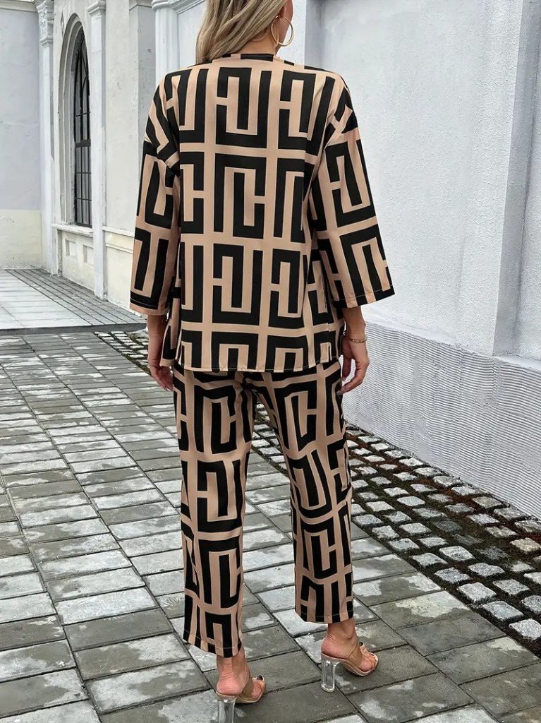 Women's Long Sleeve Open Front Patterned Double-Thread Jacket and Pants Two-Piece Set