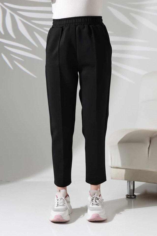 Women's Long Sleeve Scuba Fabric Pocket Detail Elastic Waist Non-Iron Trousers
