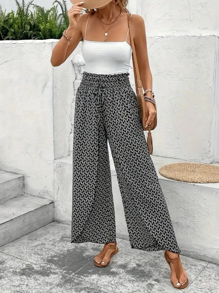 Women's High Waisted Elasticated Two-Piece Front Patterned Crepe Trousers