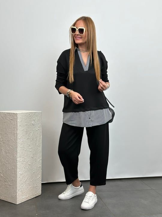 Two-Piece Set with Polo Collar Shirt and Loose Balloon Trousers