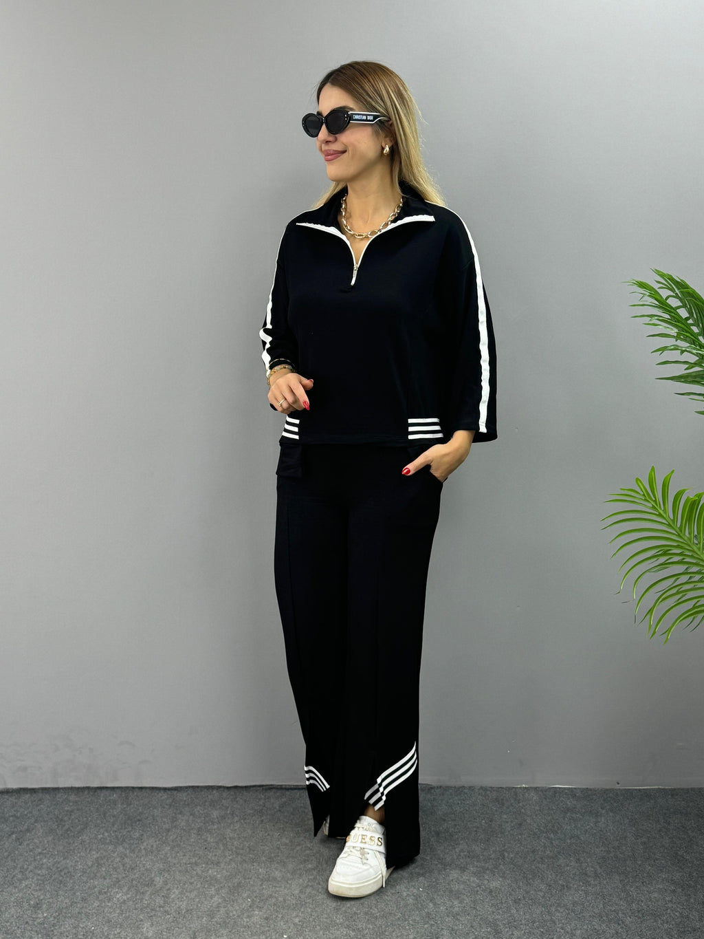 Women's Ribbed Polo Neck Two-Piece Set with Slit Hem