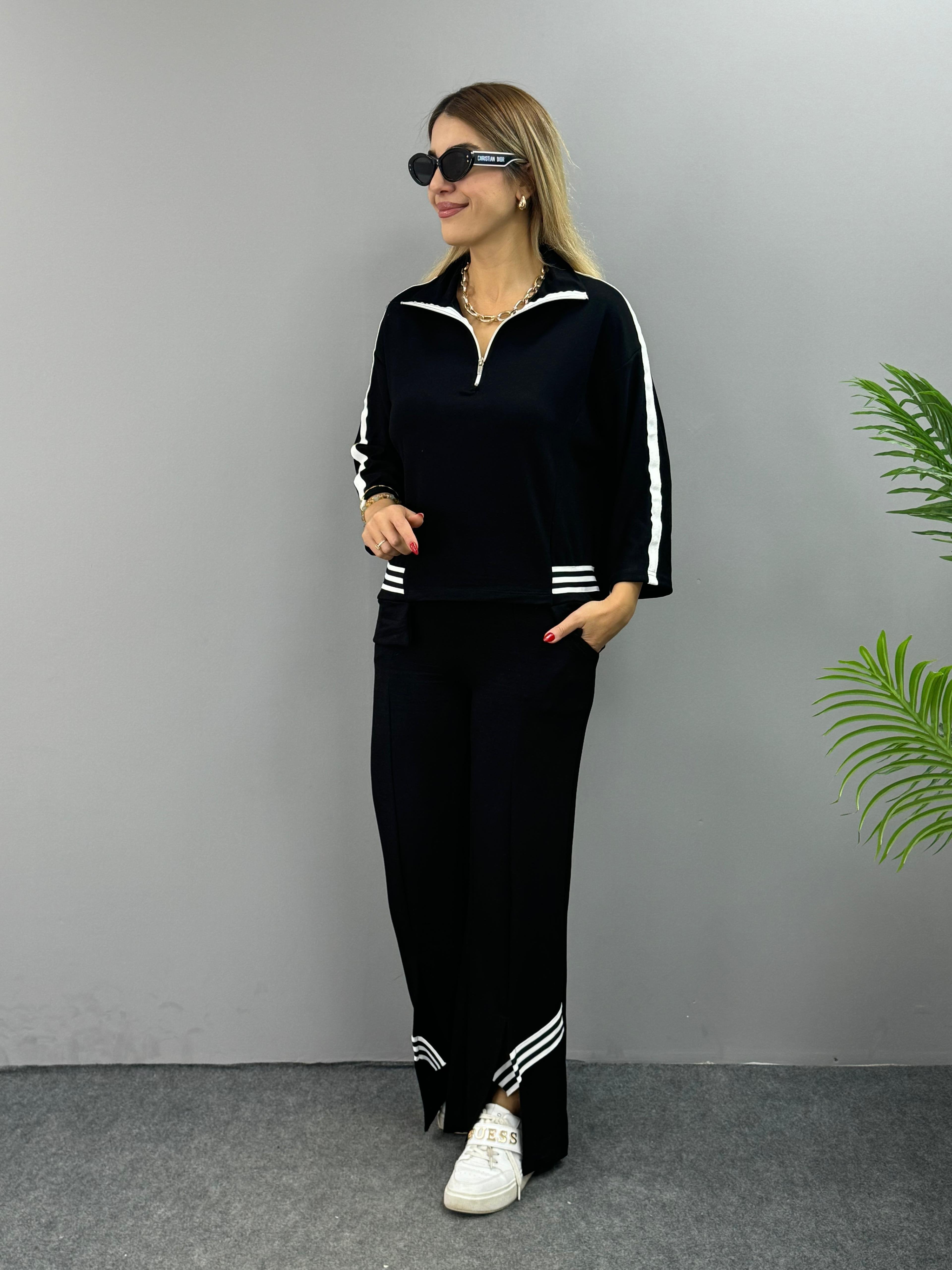 Women's Ribbed Polo Neck Two-Piece Set with Slit Hem