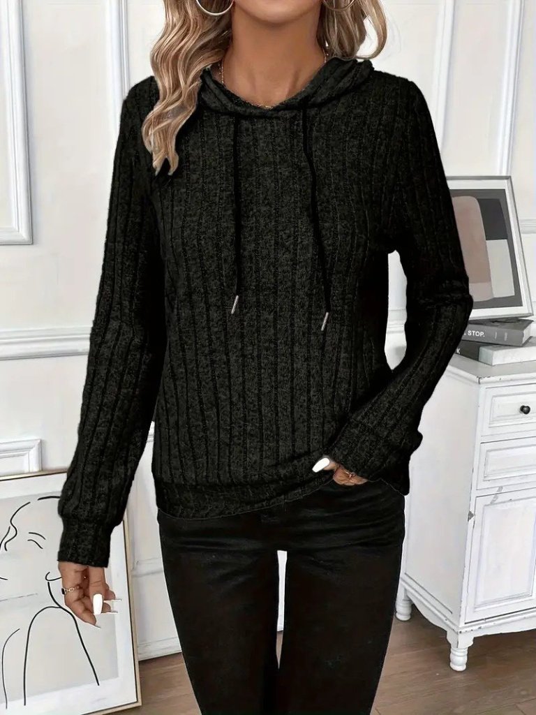 Women's Long Sleeve Hooded Lace-Up Fleece Ribbed Blouse