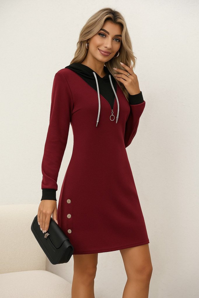 Women's Long Sleeve Hooded Front Zip Buttoned Mini Two Thread Dress