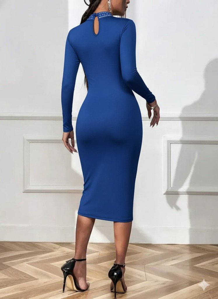 Women's Long Sleeve Turtle Neck Stone Embellished Teardrop Detail Imported Crepe Midi Dress