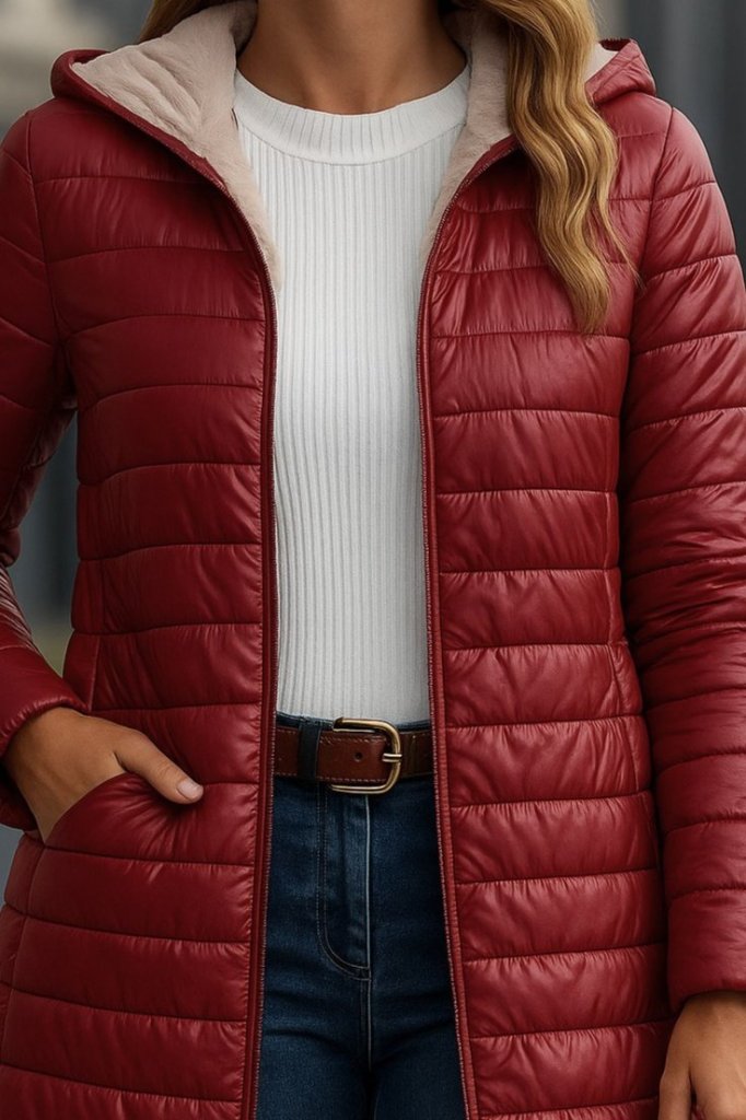Women's Long Sleeve Hooded Pocket Detail Zipper Mid-Length Coat