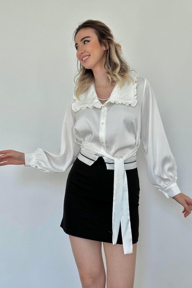 White Ruffle Collar Belted Satin Shirt