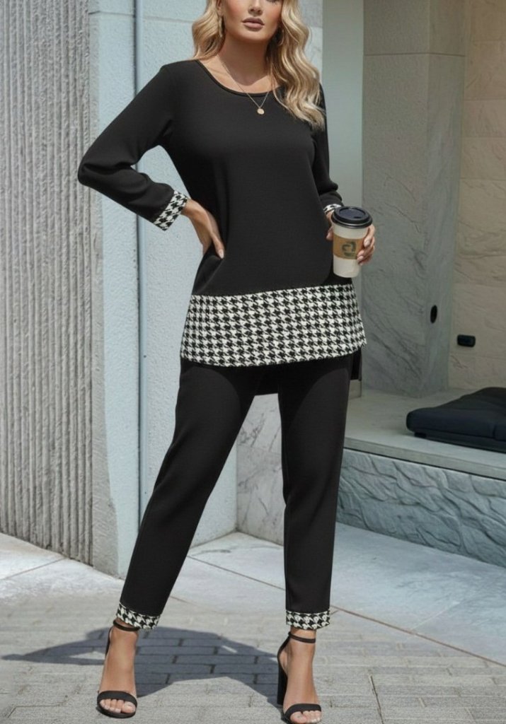 Women's Long Sleeve Crew Neck Houndstooth Viscose Two-Thread Blouse and Pants Set