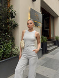 Women's Ribbed Fabric Tank Top and High Waisted Wide Leg Pants Two-Piece Set