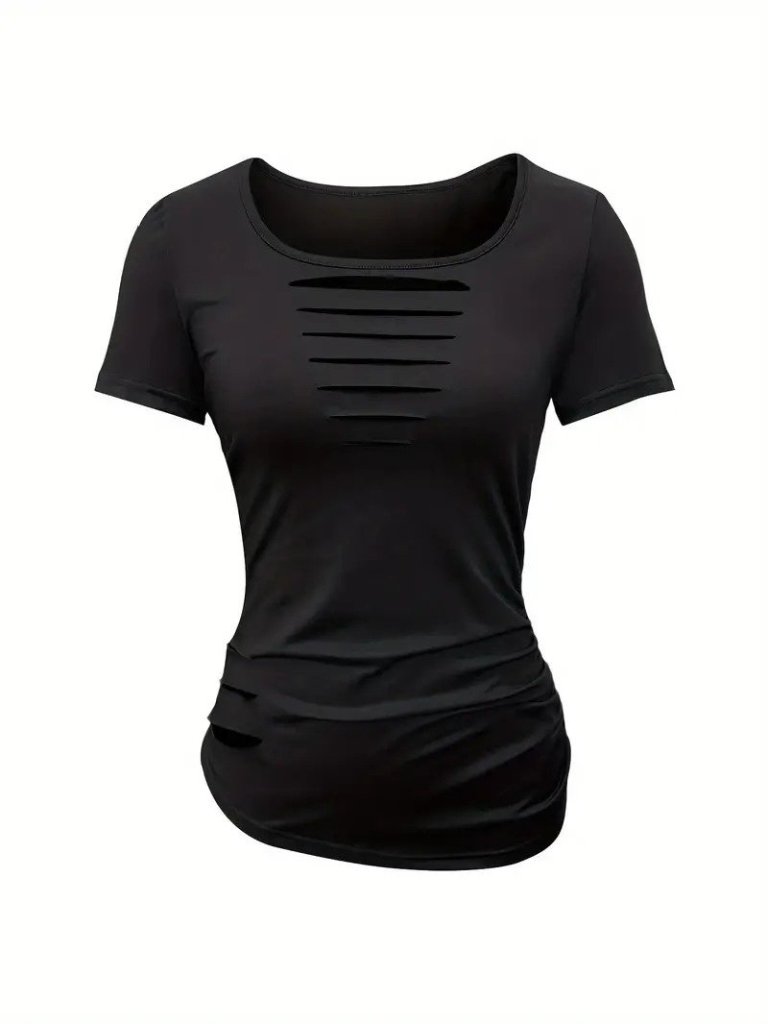 Women's Short Sleeve Open Collar Laser Cut Detail Viscose Blouse