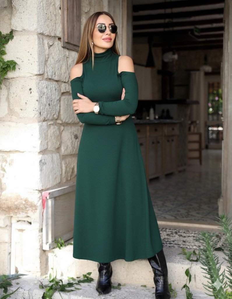 Kadın Balıkçı Yaka Omuzlardan Açık Uzun Kollu Janjan Krep Elbise