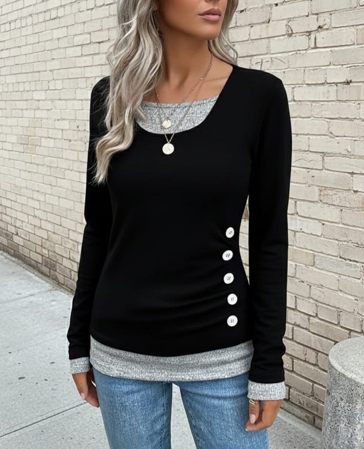 Women's Long Sleeve Crew Neck Color Block Side Button Viscose Blouse