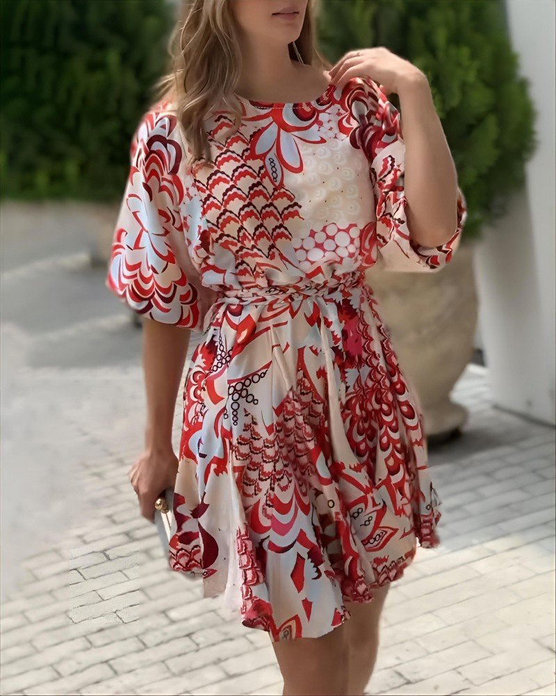 Women's Short Puff Sleeve Round Neck Pleated Patterned Mini Dress