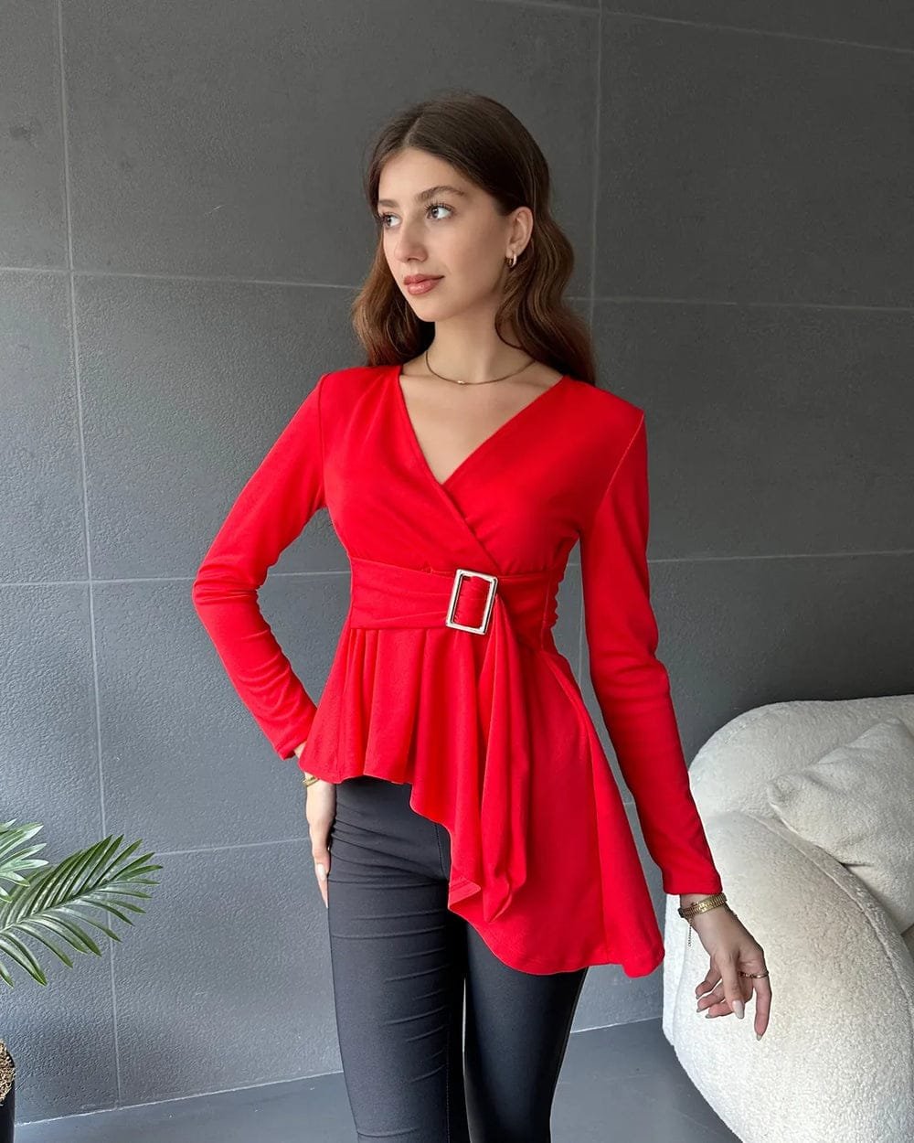 Women's Wrap Neck Belt Detail Asymmetrical Hem Blouse