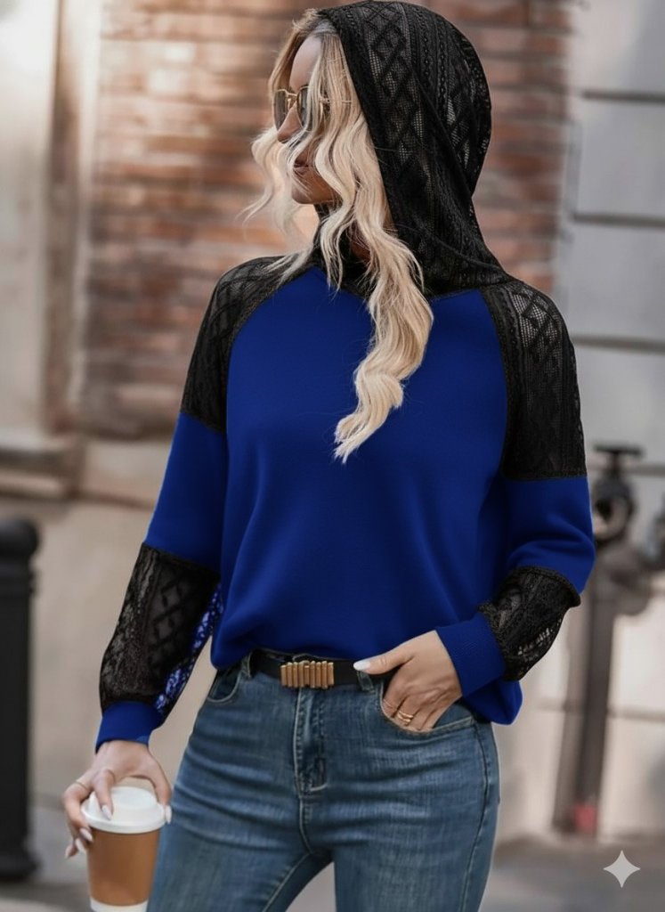 Women's Long Sleeve Lace Hooded Viscose Two-Thread Blouse