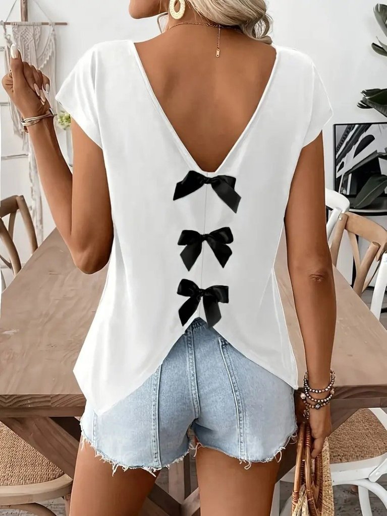 Women's Short Sleeve V-Neck Viscose Blouse with Back Ribbon Detail