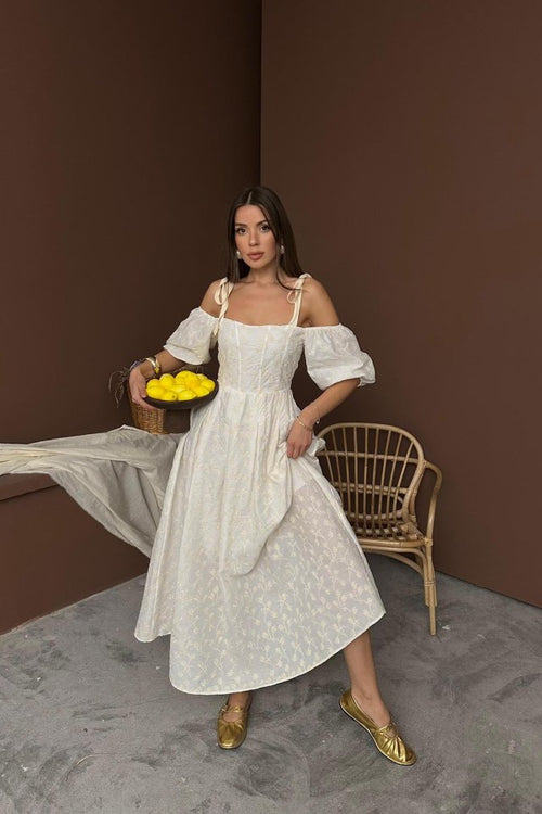 Beige Broderie Anglaise Balloon Sleeve Dress With Shoulder Straps