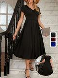 Women's Short Sleeve V-Neck Pleated Front Midi Crinkle Crepe Dress