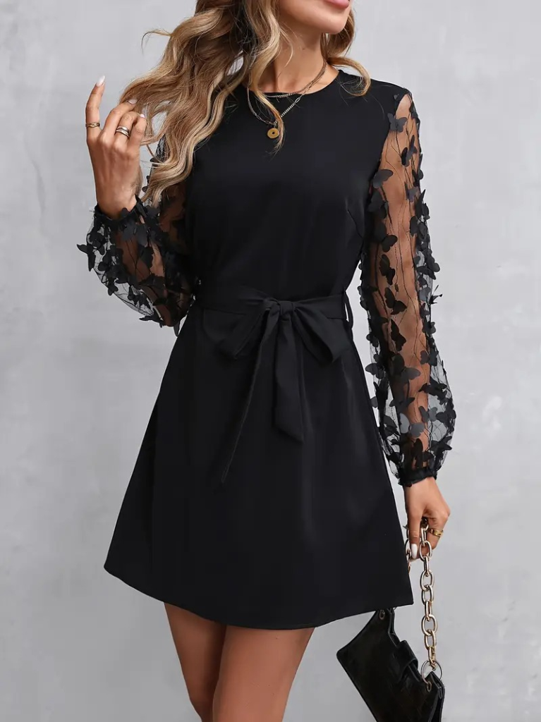 Women's Long Sleeve Crew Neck Tulle Butterfly Detail Imported Crepe Dress