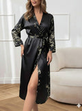 Women's Long Sleeve V-Neck Floral Print Belted Midi Satin Nightgown
