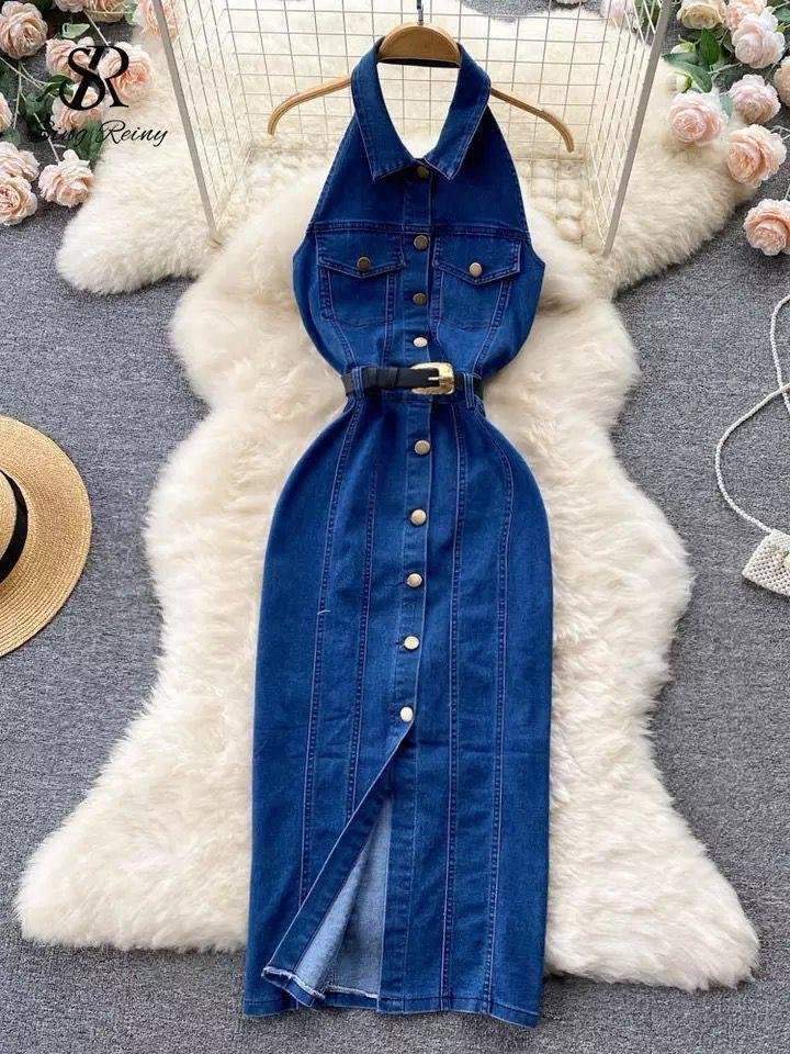 Women's Button-Detailed Belted Backless Denim Dress