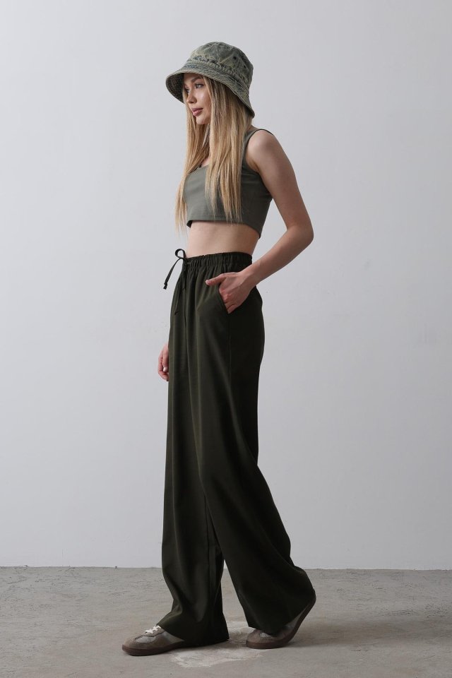 Loose Wide-Leg Trousers with Elasticated Waist - Dark Khaki