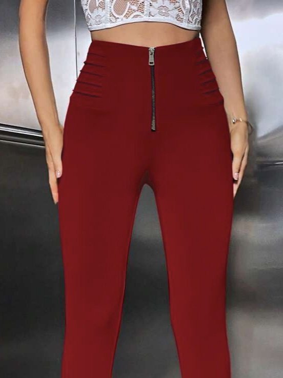 Women's High-Waist Scuba Leggings with Front Zipper and Rib Detail