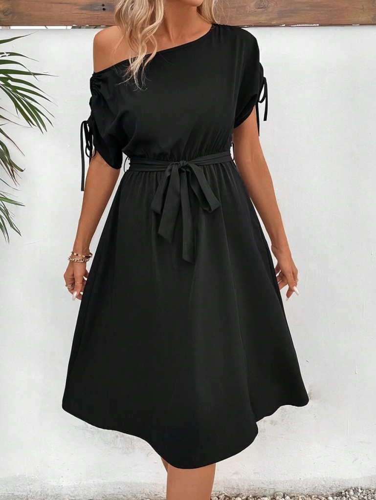 Women's One-Shoulder Viscose Dress with Bow Detail on Sleeve Hem, Belted Waist, and Slit Detail