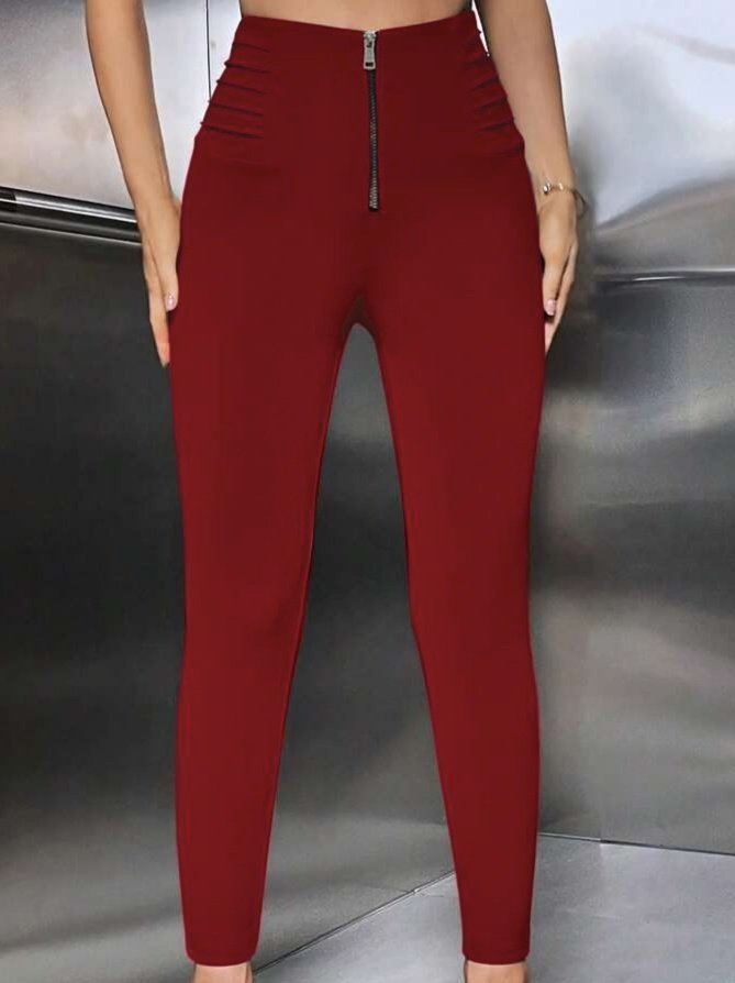 Women's High-Waist Scuba Leggings with Front Zipper and Rib Detail
