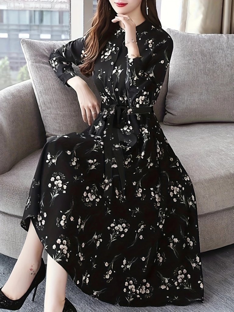 Women's Long Sleeve Stand Collar Buttoned Belted Patterned Maxi Micro Supreme Dress