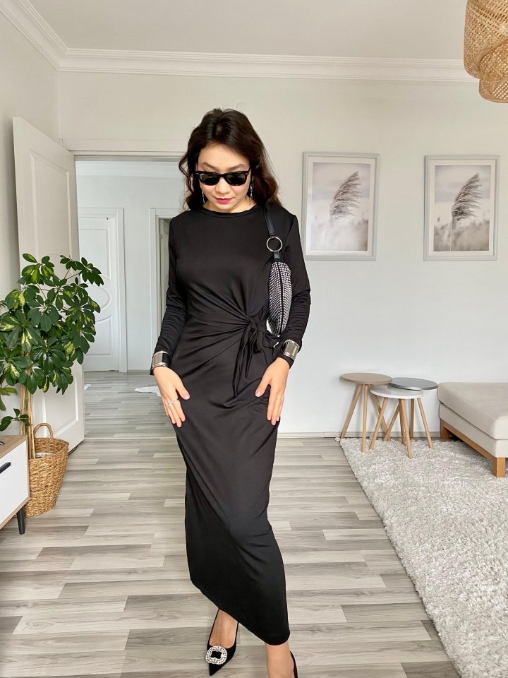 Women's Long Sleeve Crew Neck Cross-Tie Waist Side Slit Long Viscose Two-Thread Dress