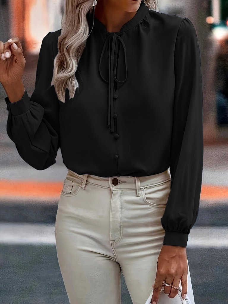 Women's Long Sleeve Collared Neck Tie Button-Up Sandy Blouse