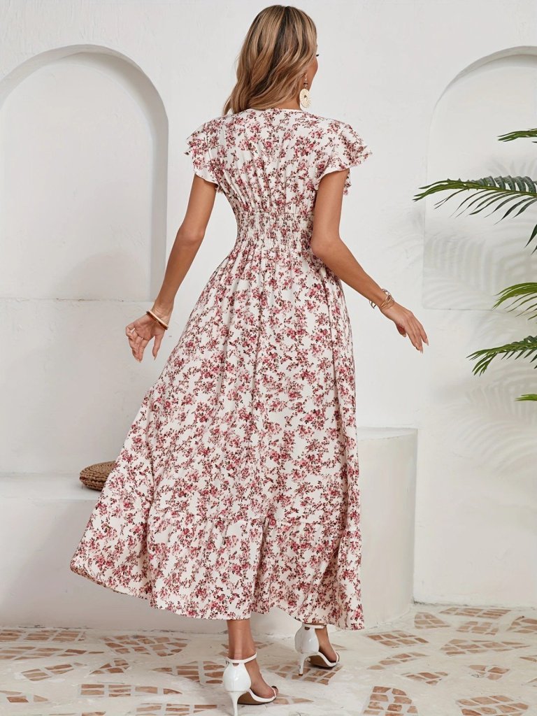 Women's Short Sleeve Wrap V-neck Elastic Waist Floral Dress