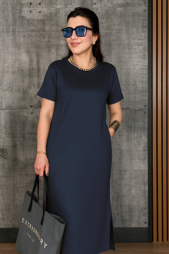 Women's Short Sleeve Crew Neck Slit Viscose Double-Ply Dress