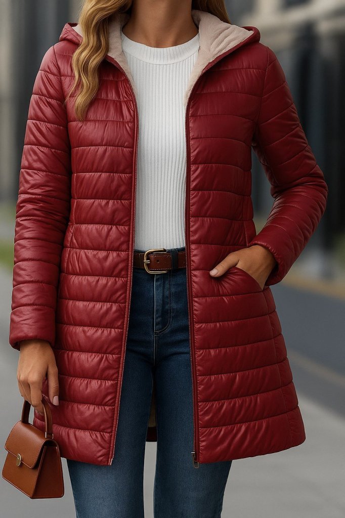 Women's Long Sleeve Hooded Pocket Detail Zipper Mid-Length Coat