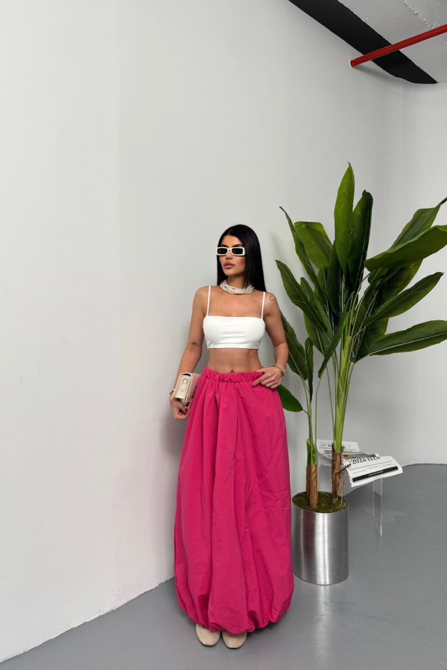 ELASTIC WAIST BALLOON SKIRT CHANEL LENGTH SOFT FABRIC - Fuchsia