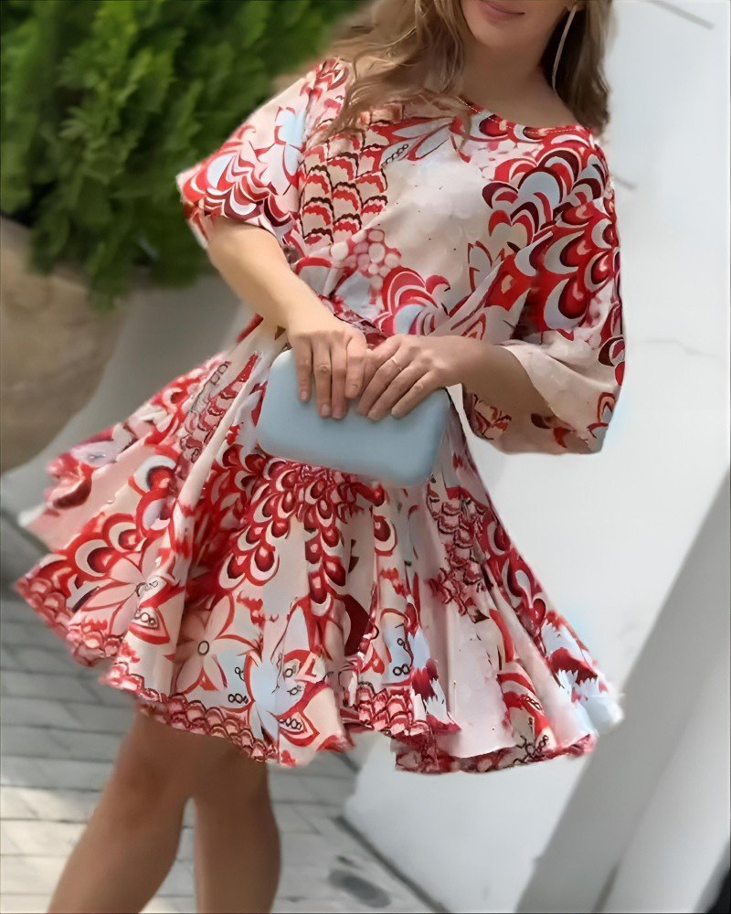 Women's Short Puff Sleeve Round Neck Pleated Patterned Mini Dress