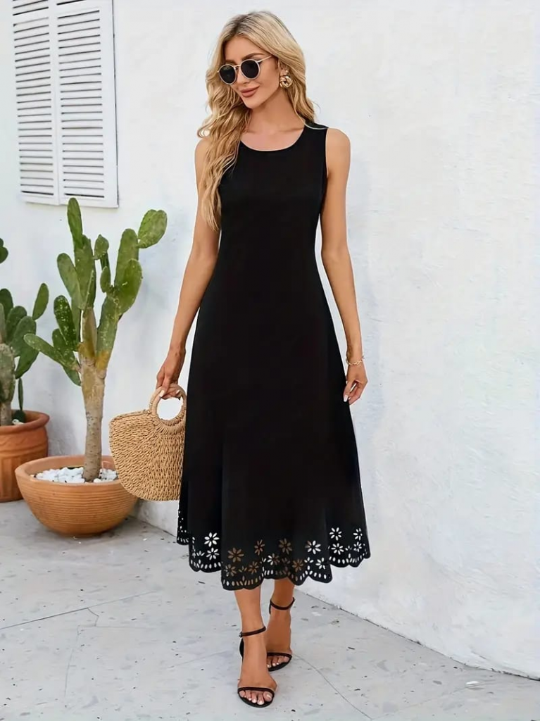 Women's Sleeveless Laser-Cut Floral Pattern Midi Shimmer Crepe Dress