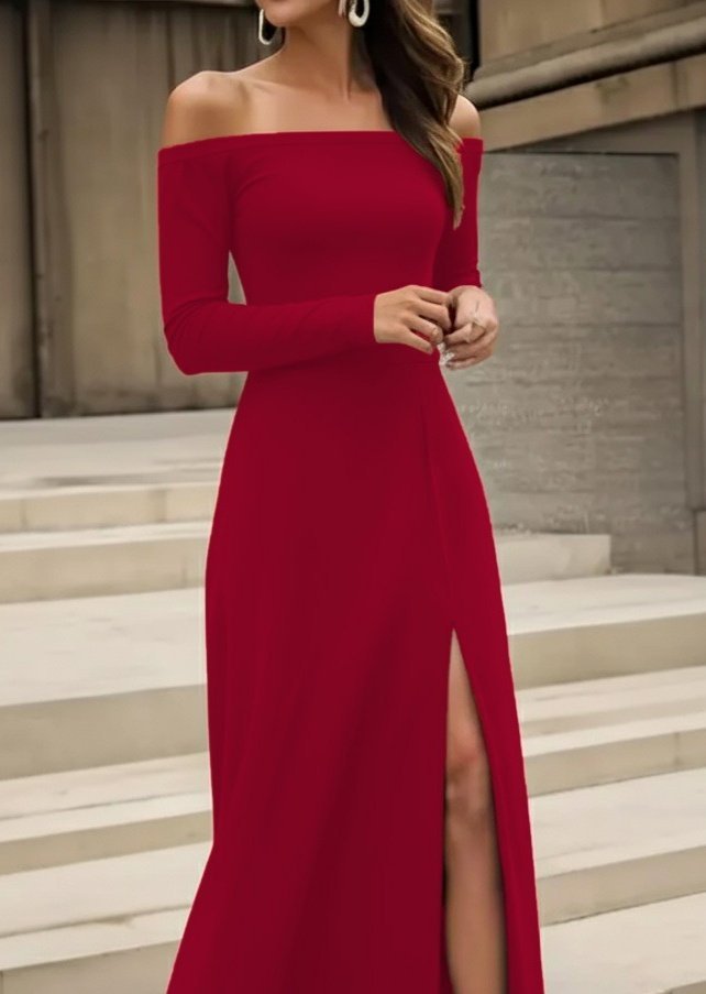 Women's Long-Sleeved Madonna Neck Slit Detail Long Imported Crepe Dress